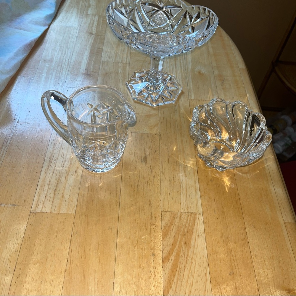 3 Pc's Brilliant Antique Heavy Cut Crystal Glass Pieces.   Vintage.